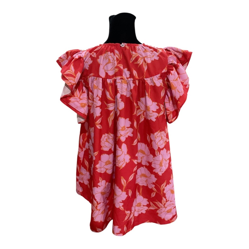 Shop The Mint Floral Babydoll Blouse Red Pink Flutter Sleeve Pleated Top Large - Picture 2 of 4